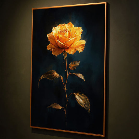 Yellow Rose with Golden Leaves Canvas Wall Art shown in antique gold floating frame