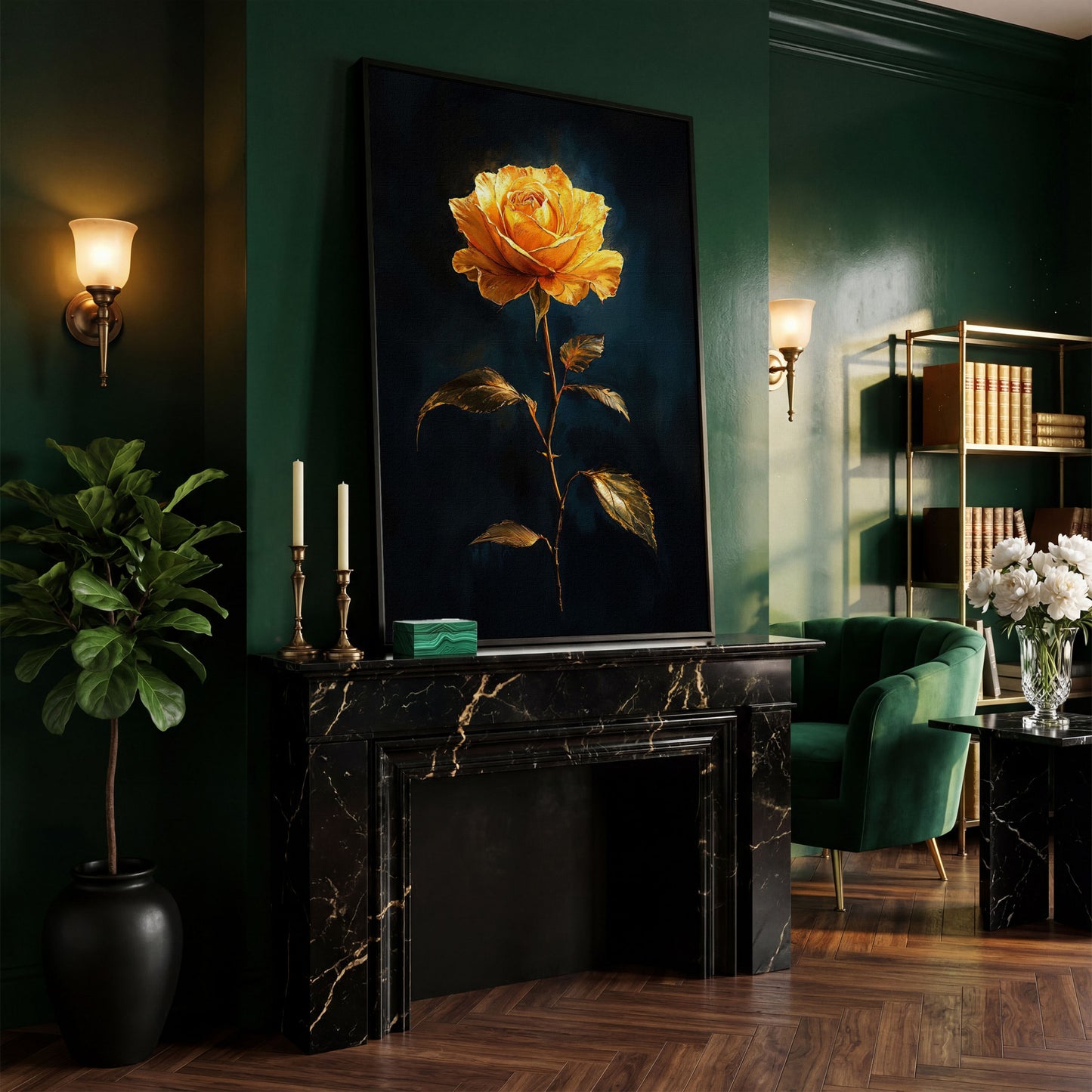 Yellow Rose with Golden Leaves Canvas Wall Art in black floating frame