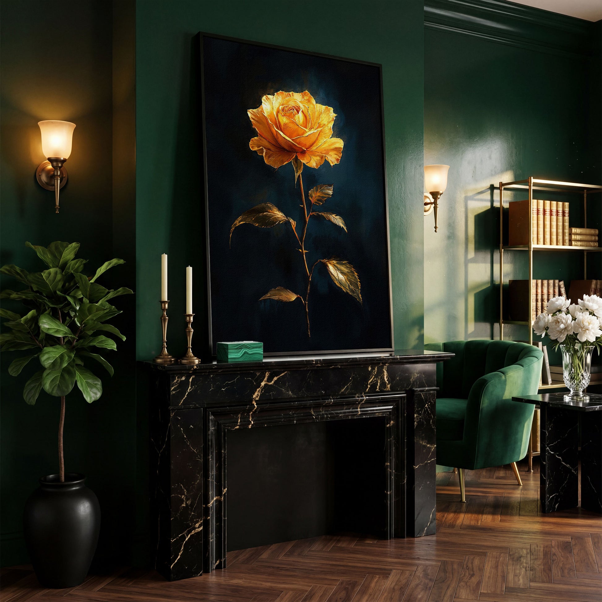 Yellow Rose with Golden Leaves Canvas Wall Art in black floating frame