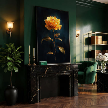 Yellow Rose with Golden Leaves Canvas Wall Art in black floating frame