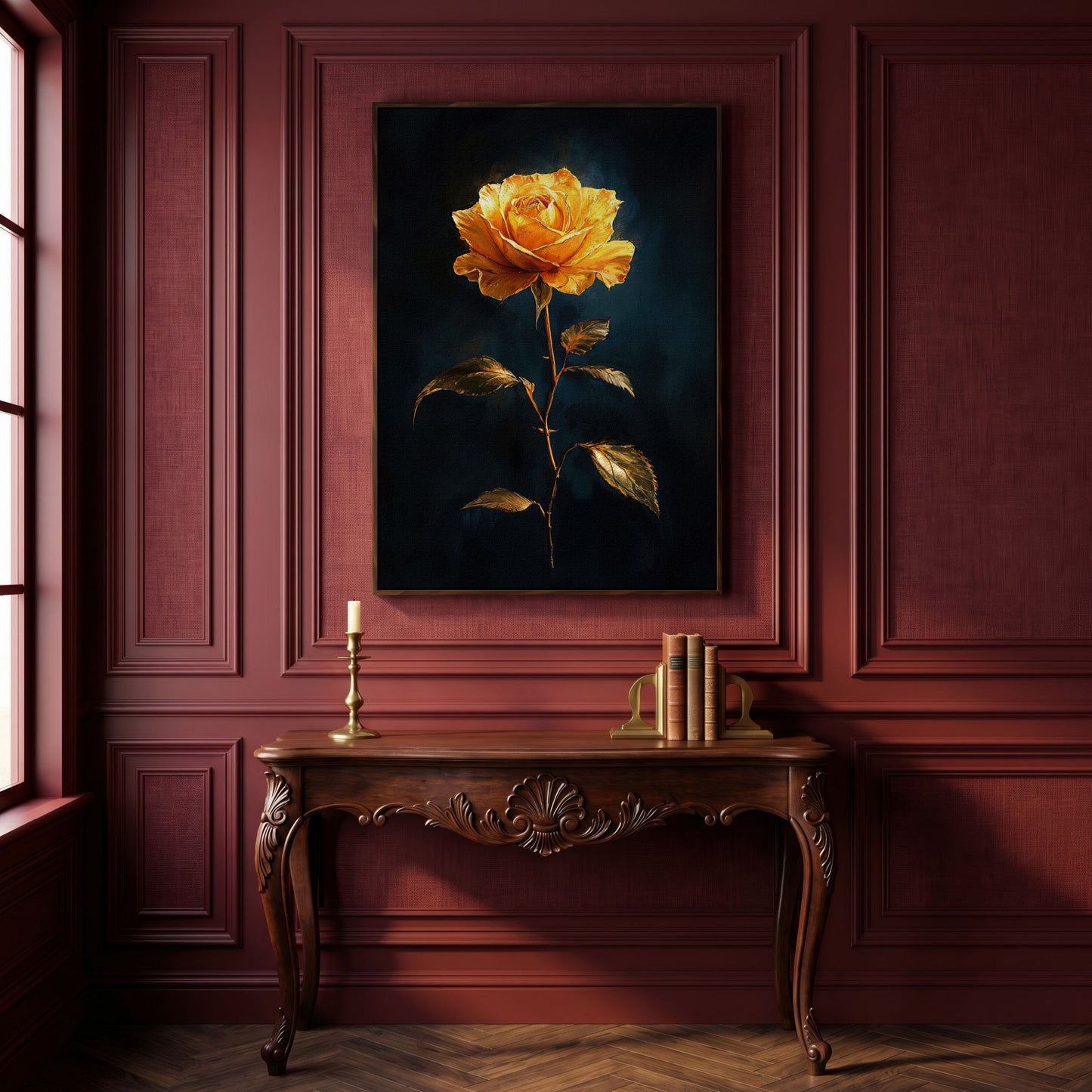 Yellow Rose with Golden Leaves Canvas Wall Art in dark walnut floating frame