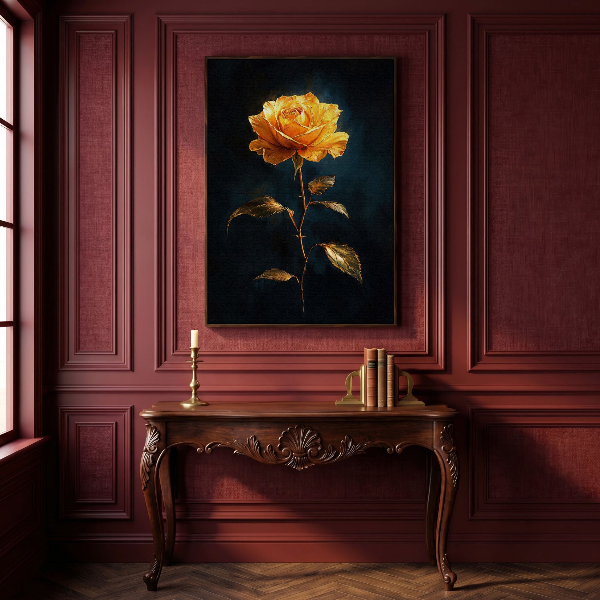 Yellow Rose with Golden Leaves Canvas Wall Art in dark walnut floating frame