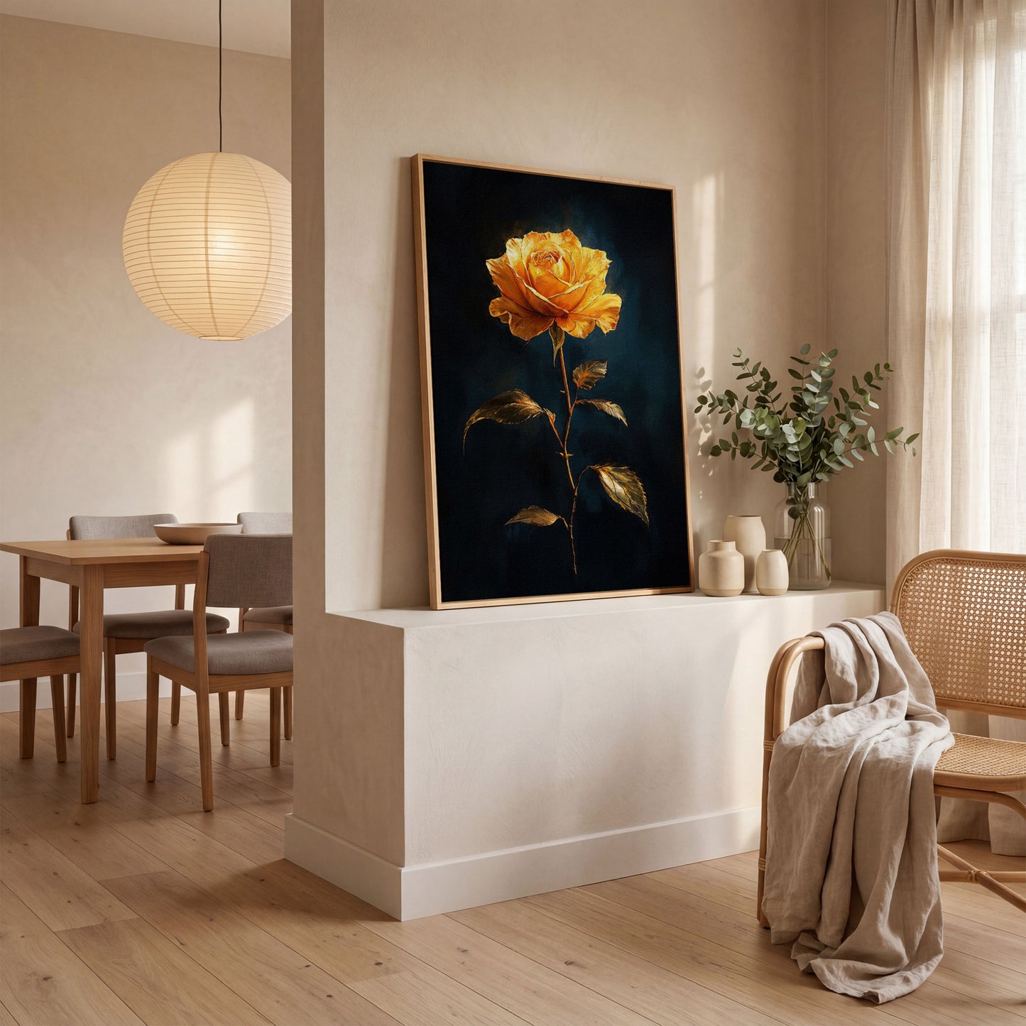 Yellow Rose with Golden Leaves Canvas Wall Art in white oak floating frame