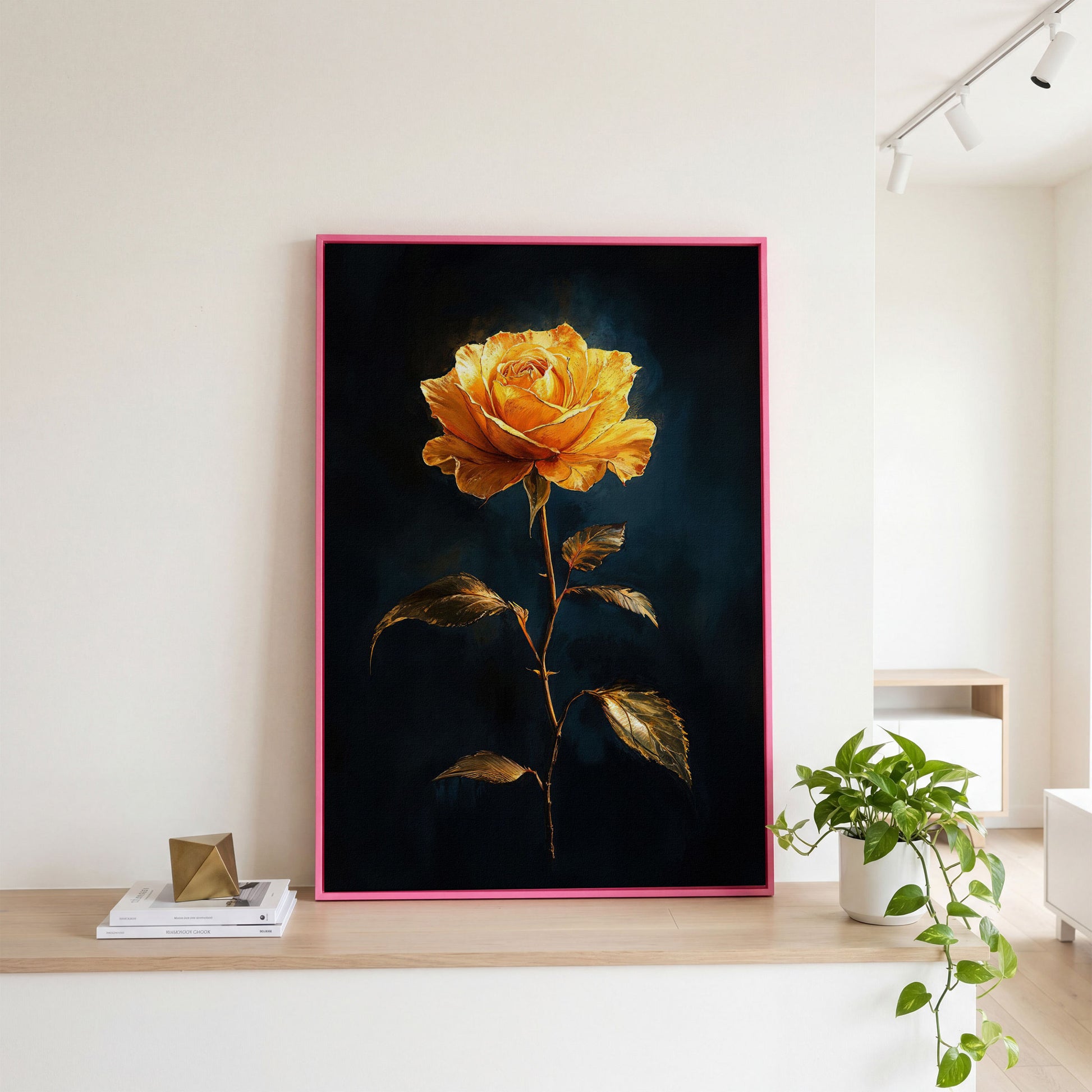 Yellow Rose with Golden Leaves Canvas Wall Art in pink floating frame