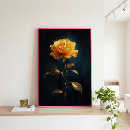 Yellow Rose with Golden Leaves Canvas Wall Art in pink floating frame