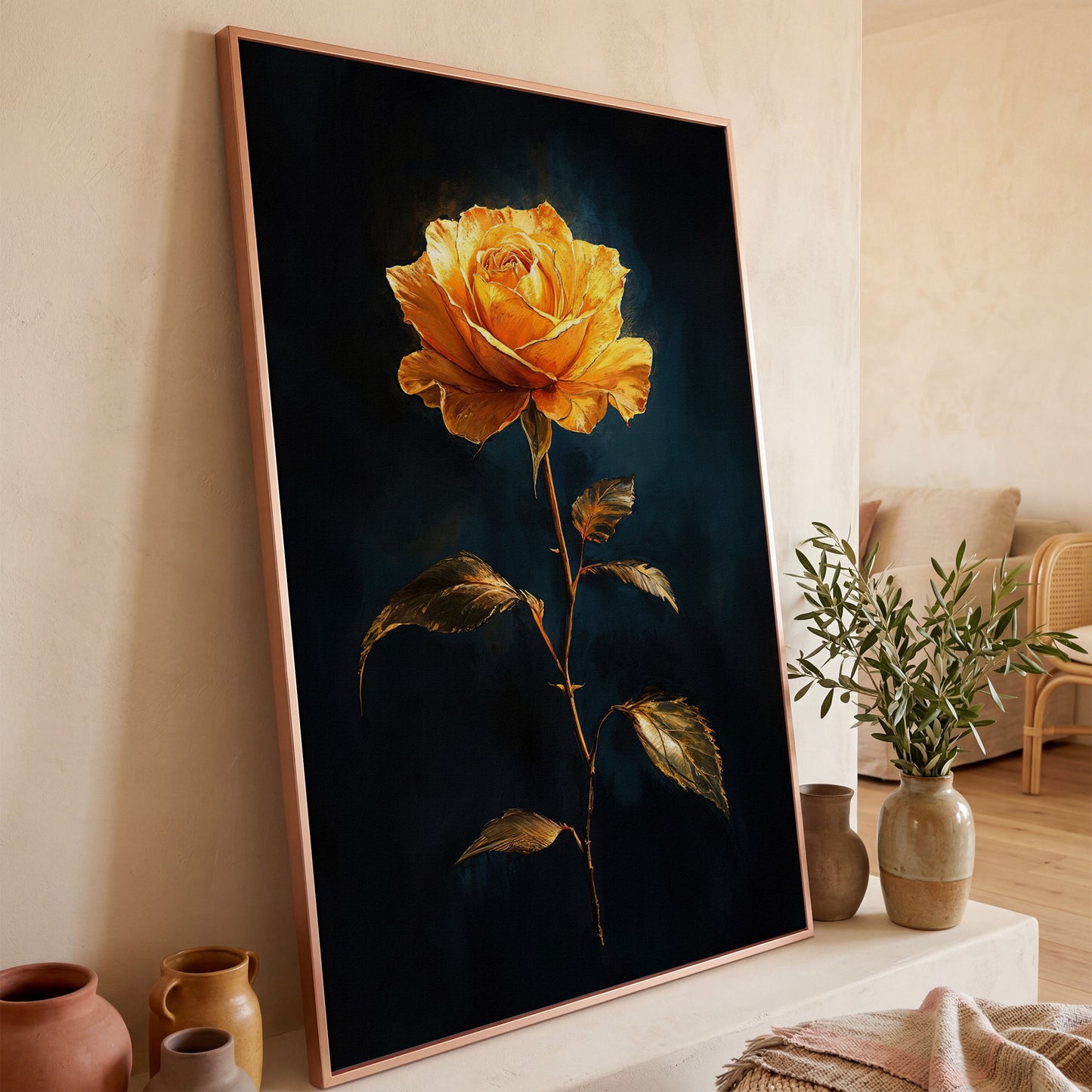 Yellow Rose with Golden Leaves Canvas Wall Art in rose gold floating frame