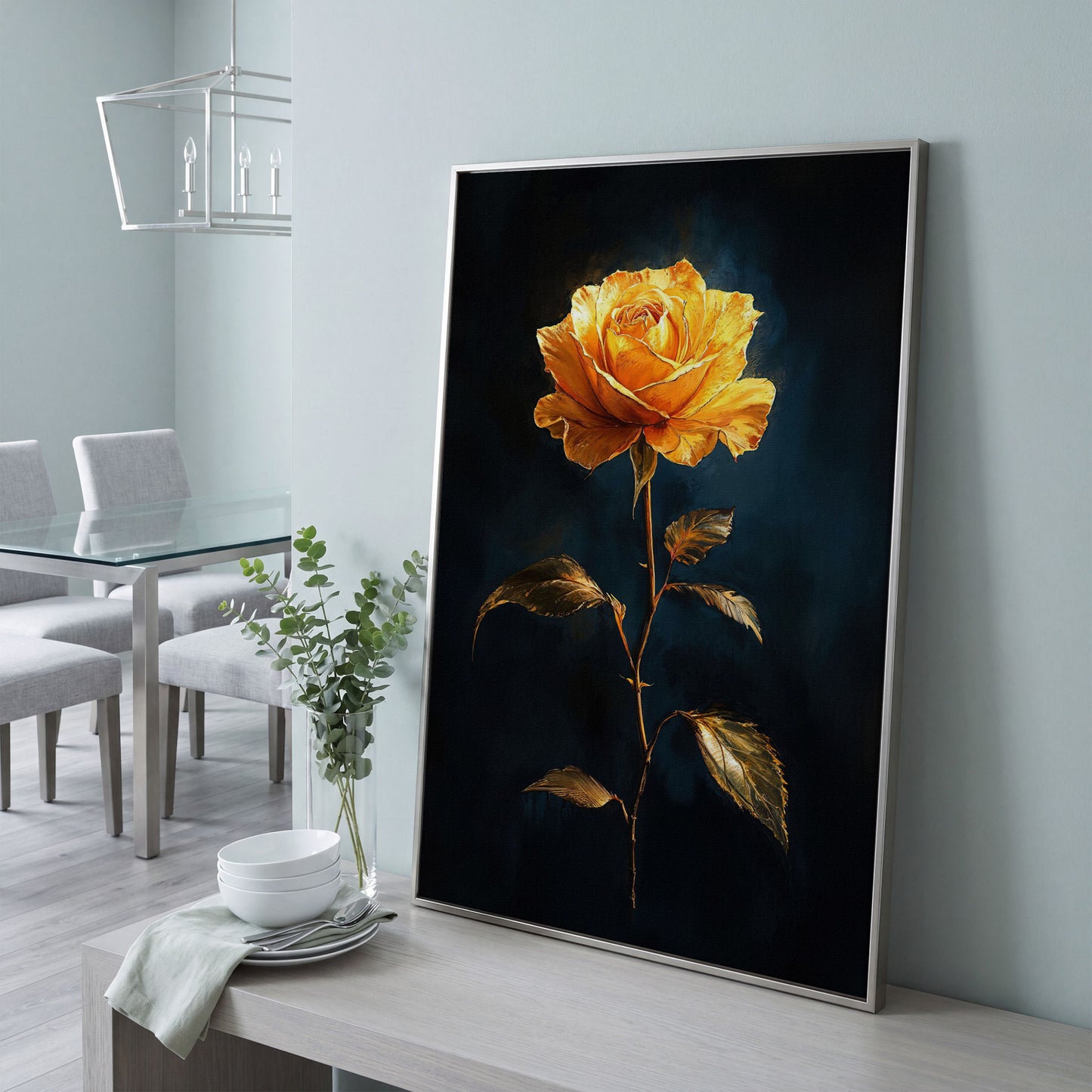 Yellow Rose with Golden Leaves Canvas Wall Art in silver floating frame