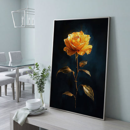 Yellow Rose with Golden Leaves Canvas Wall Art in silver floating frame