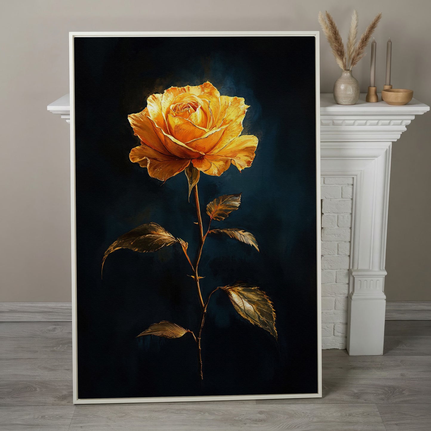 Yellow Rose with Golden Leaves Canvas Wall Art in white floating frame