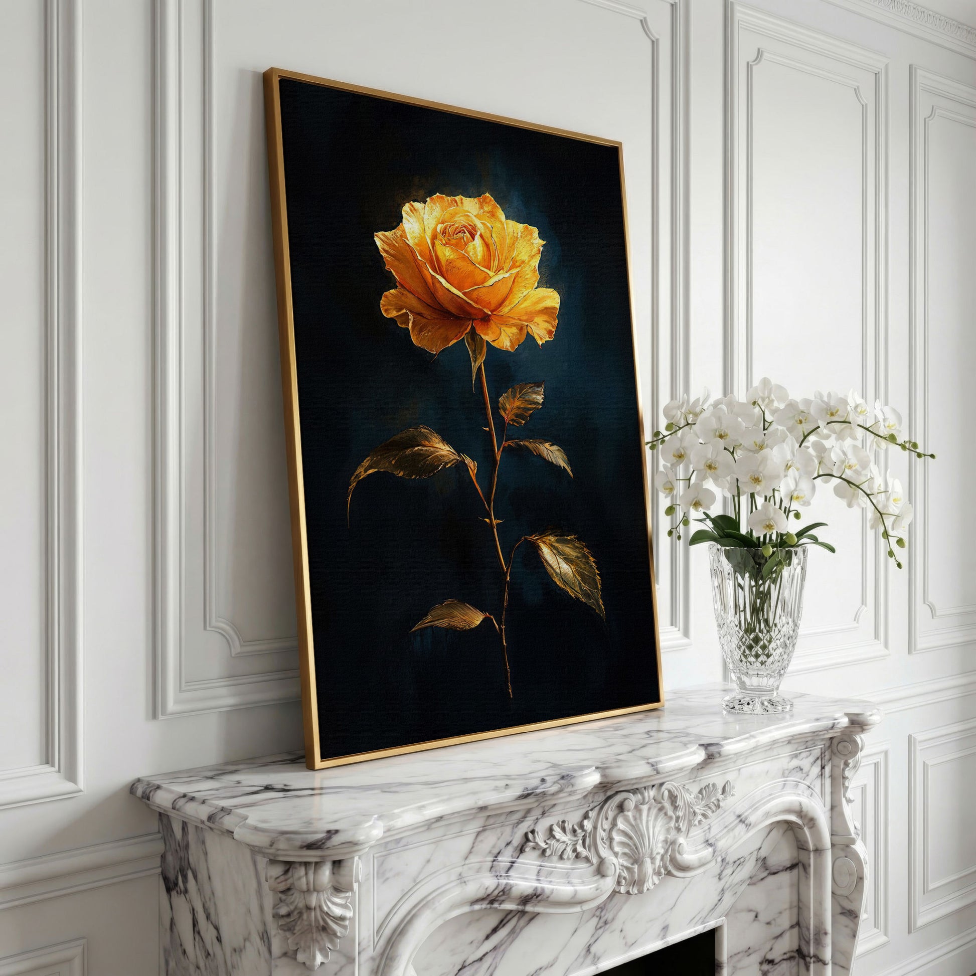 Yellow Rose with Golden Leaves Canvas Wall Art in yellow gold floating frame