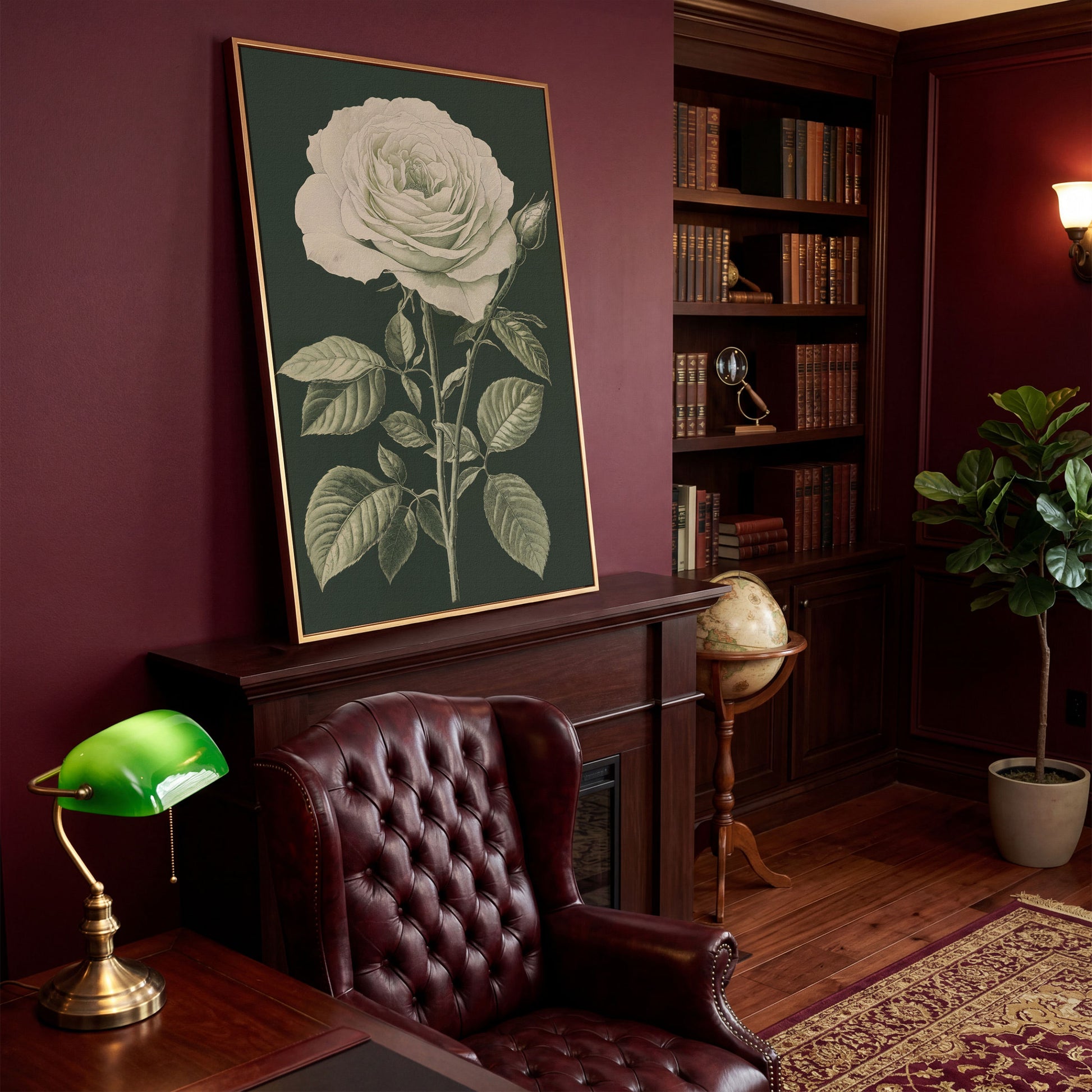 White Rose Botanical Canvas Print in antique gold floating frame