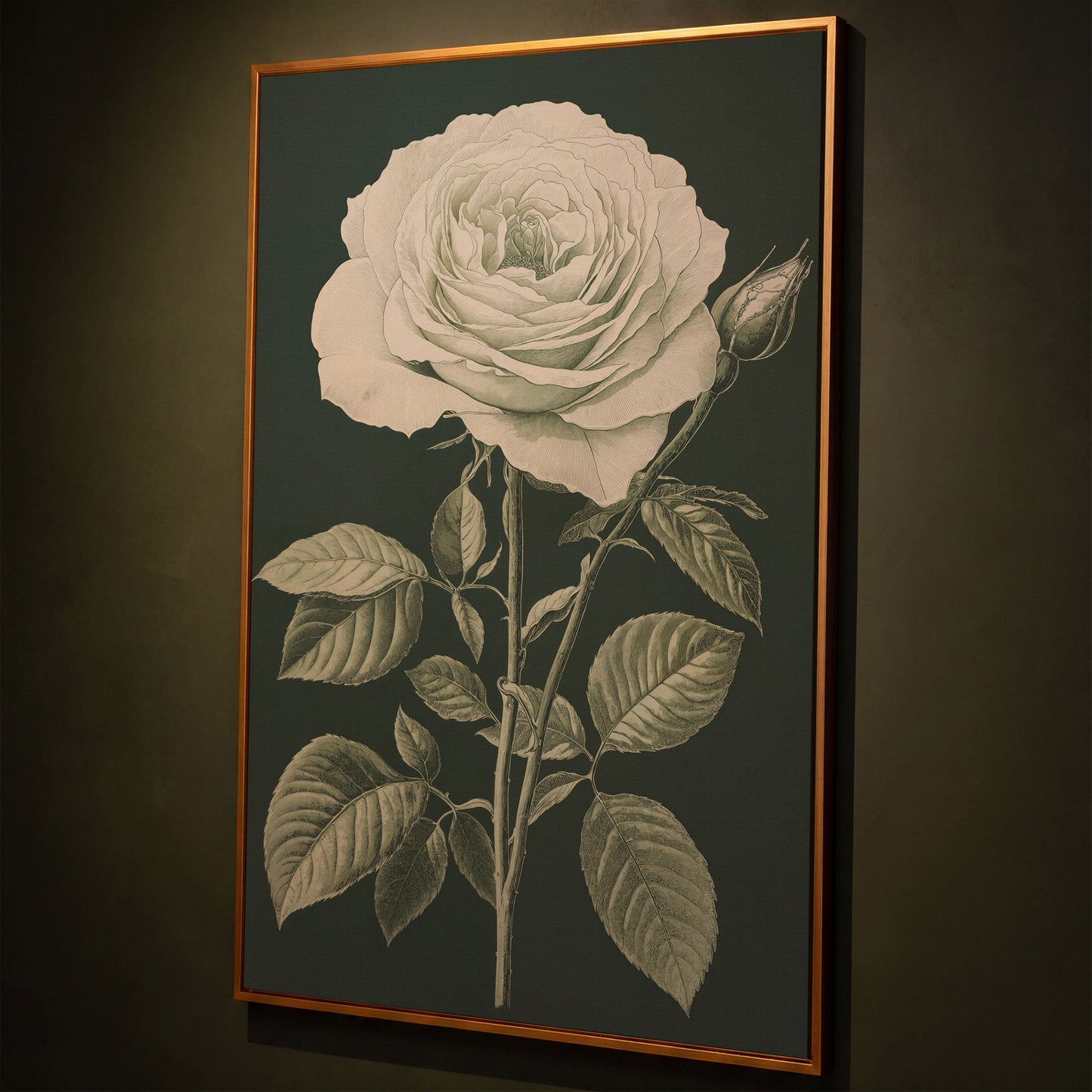 White Rose Botanical Canvas Print shown in antique gold floating frame