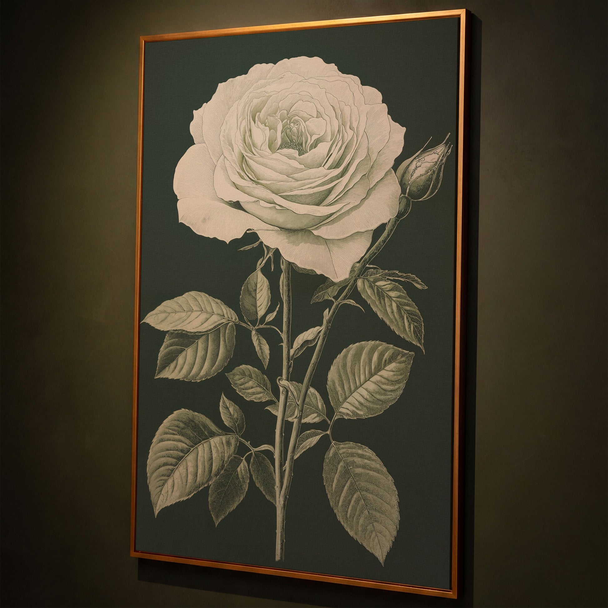 White Rose Botanical Canvas Print shown in antique gold floating frame