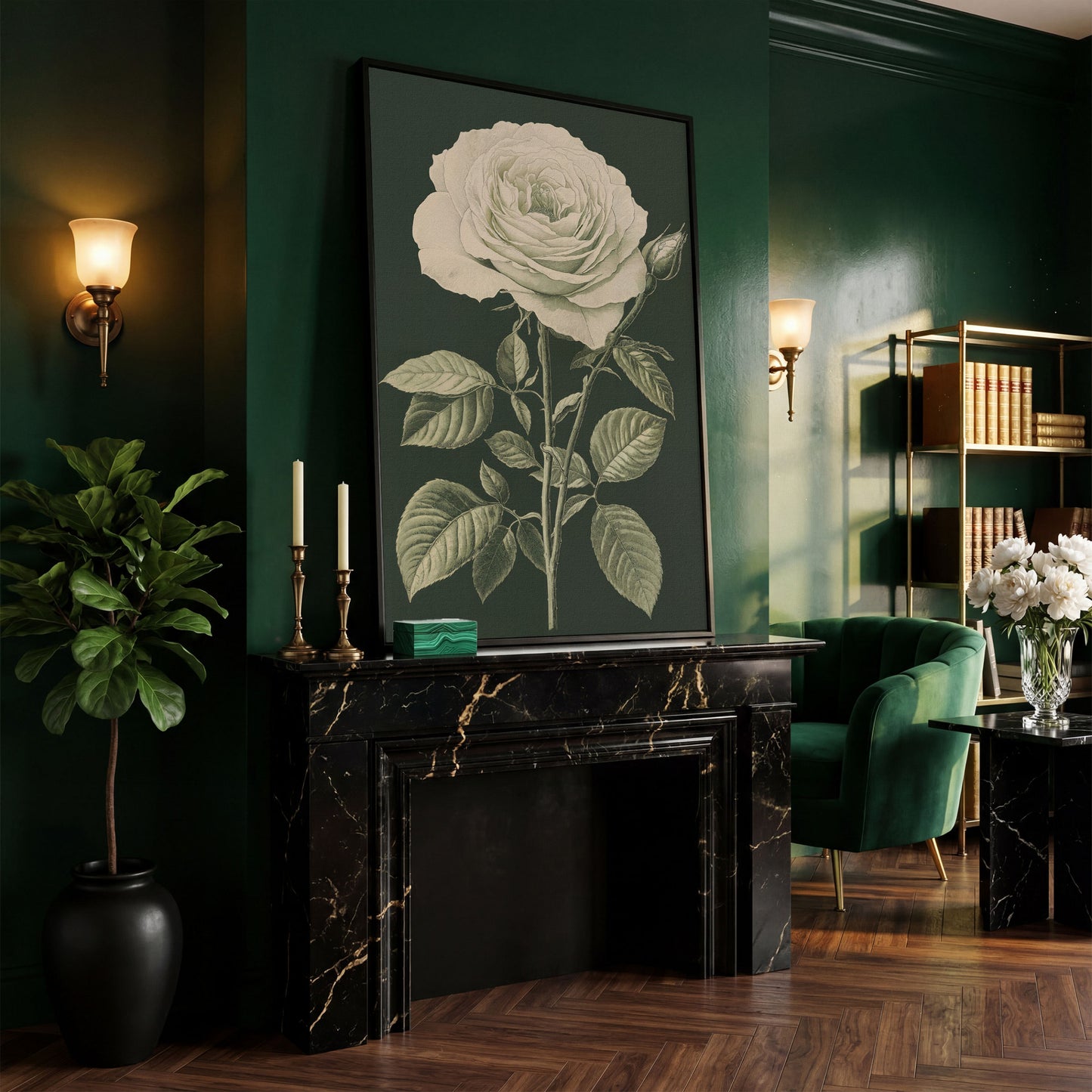 White Rose Botanical Canvas Print in black floating frame