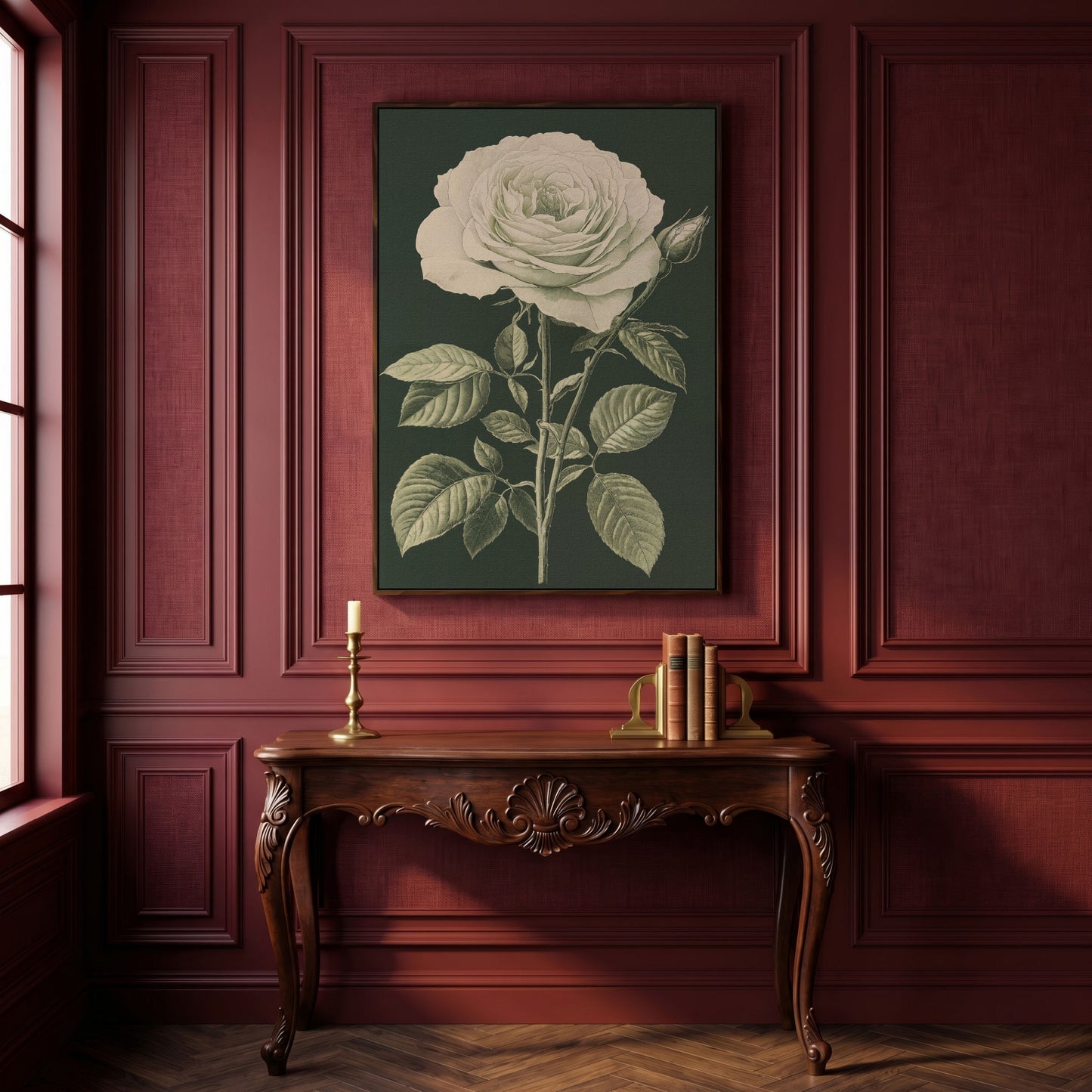 White Rose Botanical Canvas Print in dark walnut floating frame