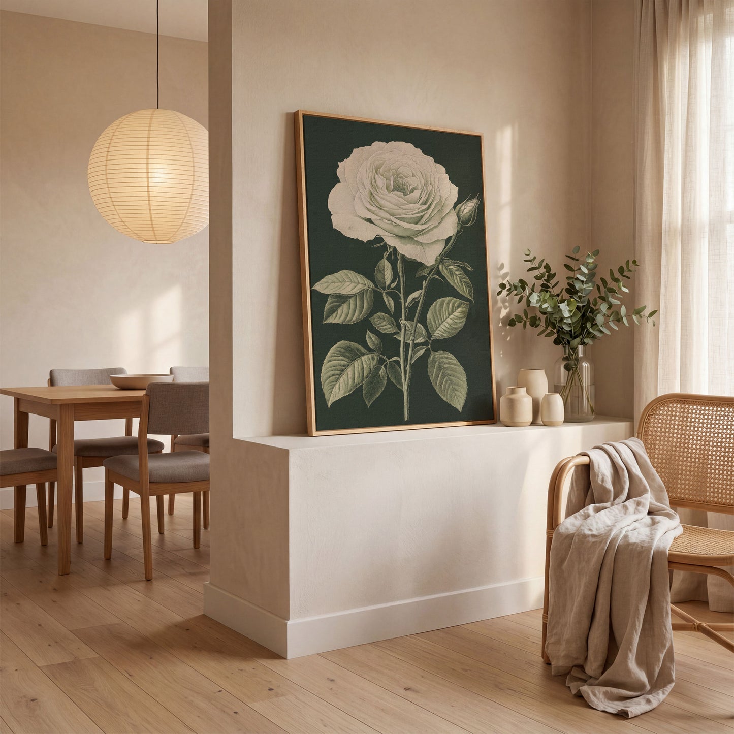 White Rose Botanical Canvas Print in white oak floating frame