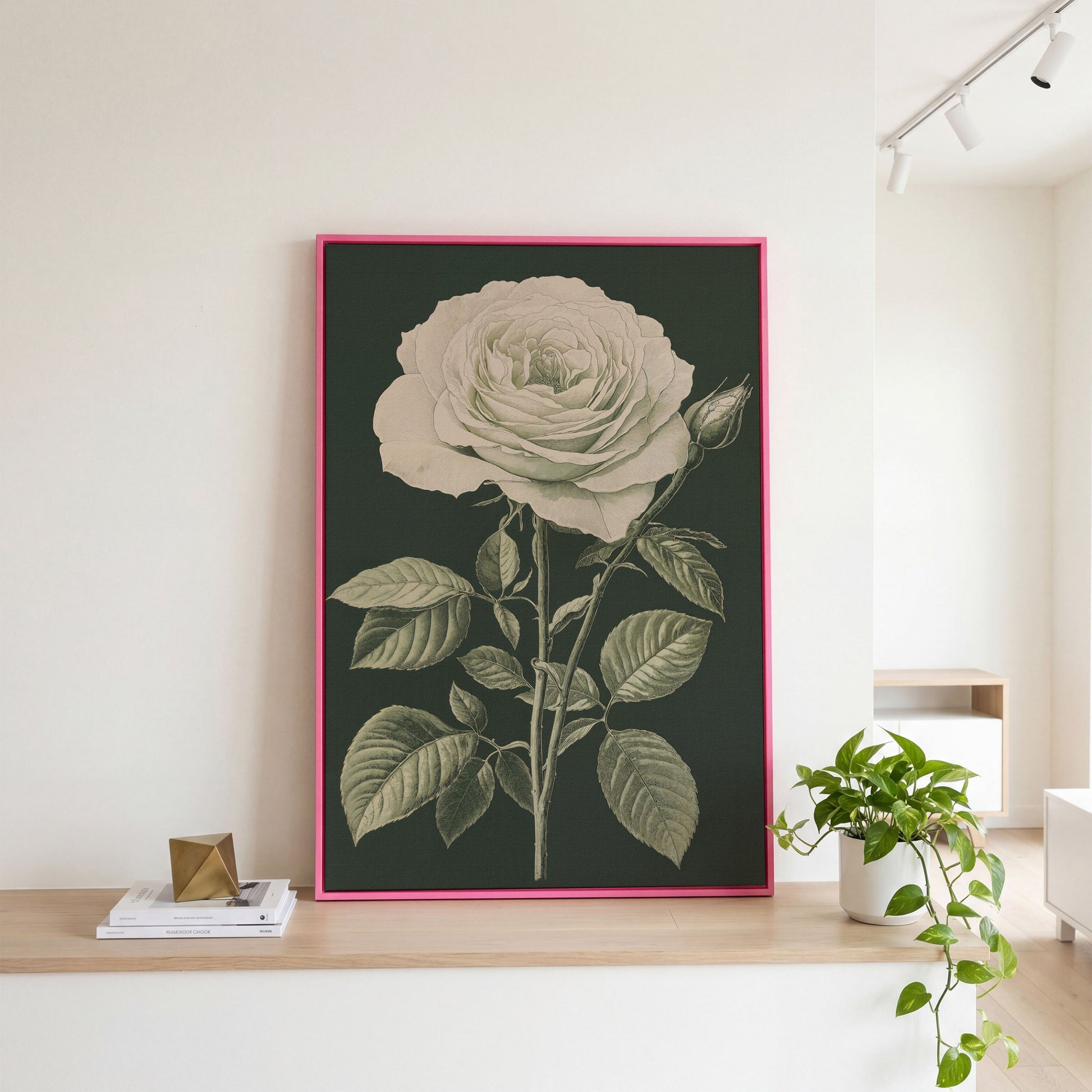 White Rose Botanical Canvas Print in pink floating frame