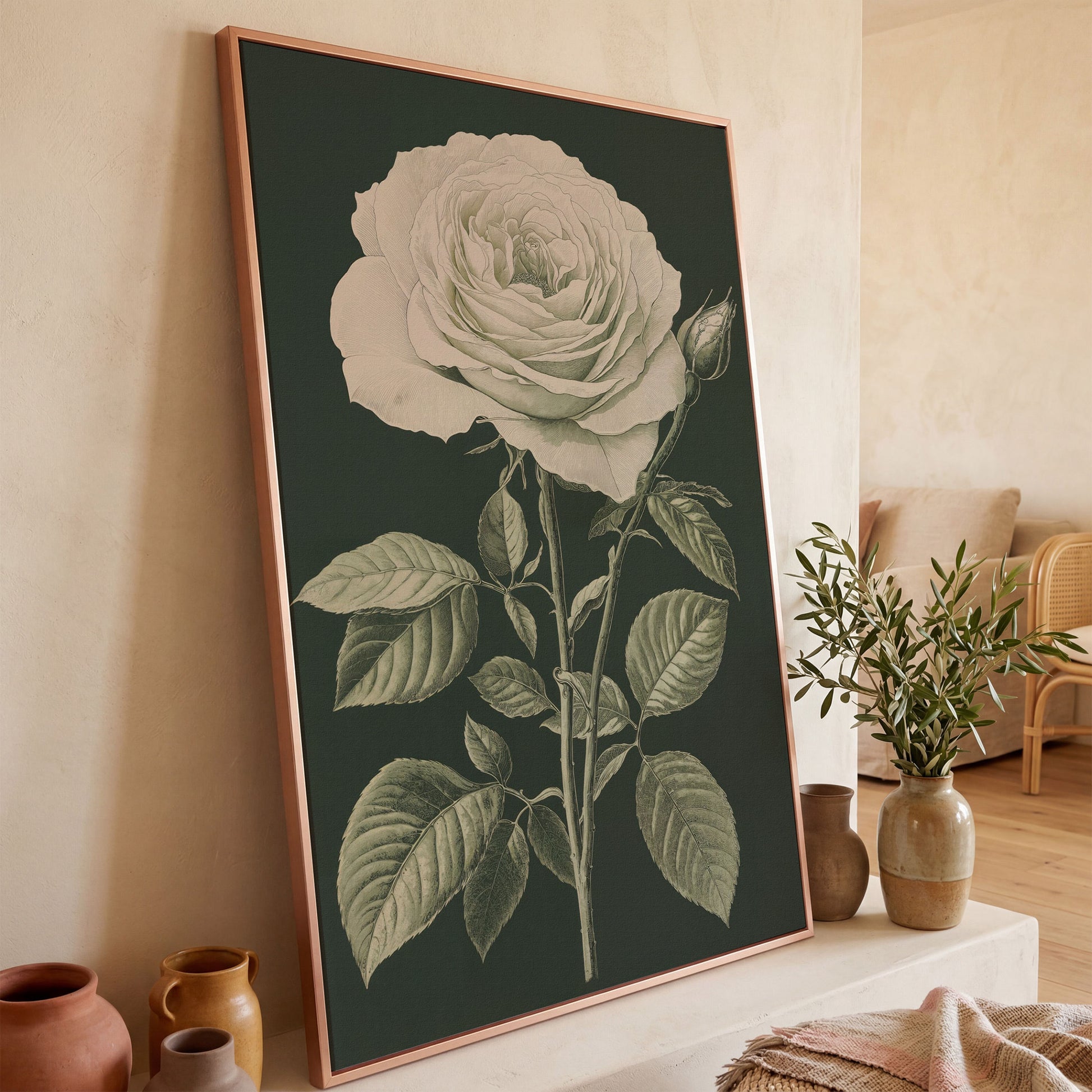 White Rose Botanical Canvas Print in rose gold floating frame