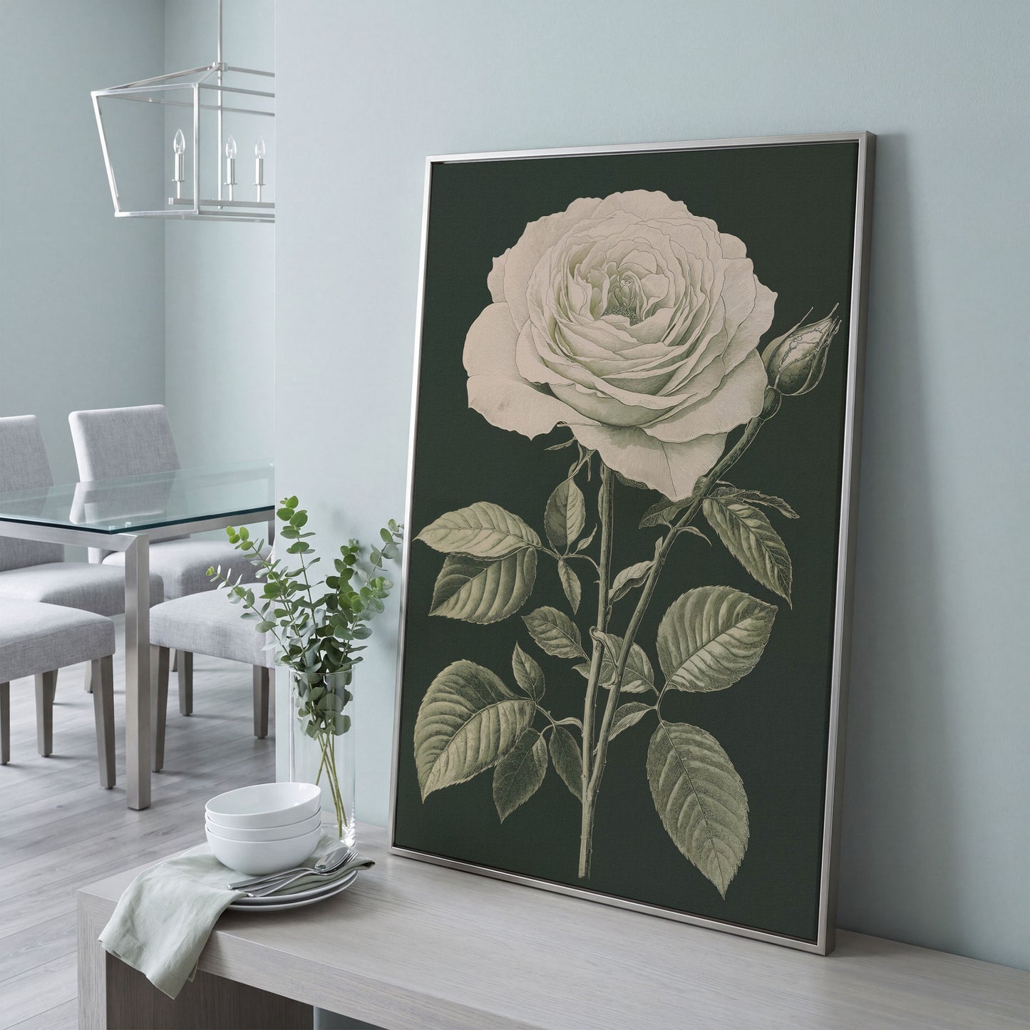 White Rose Botanical Canvas Print in silver floating frame