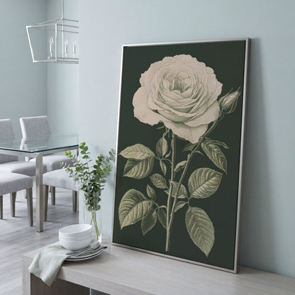White Rose Botanical Canvas Print in silver floating frame