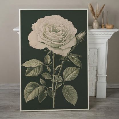 White Rose Botanical Canvas Print in white floating frame