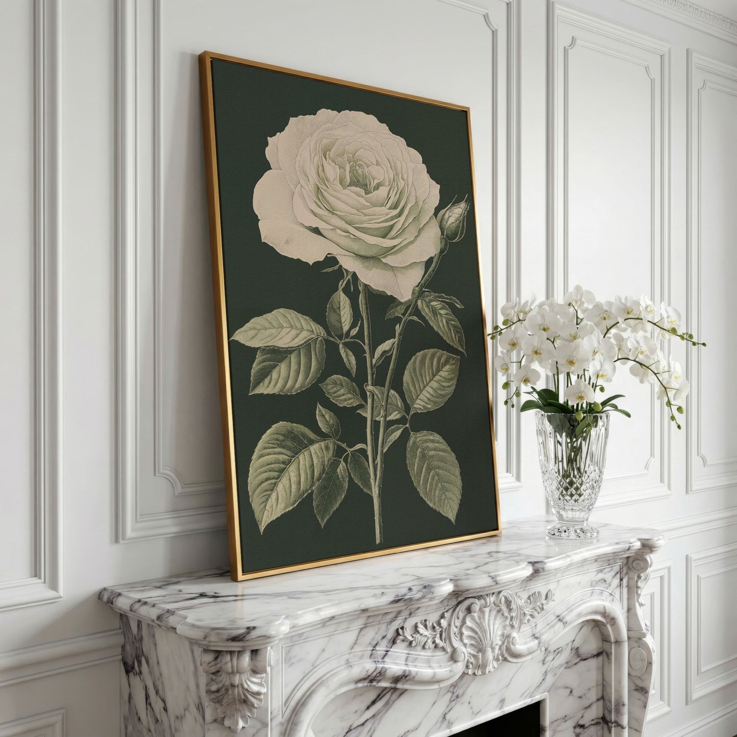 White Rose Botanical Canvas Print in yellow gold floating frame