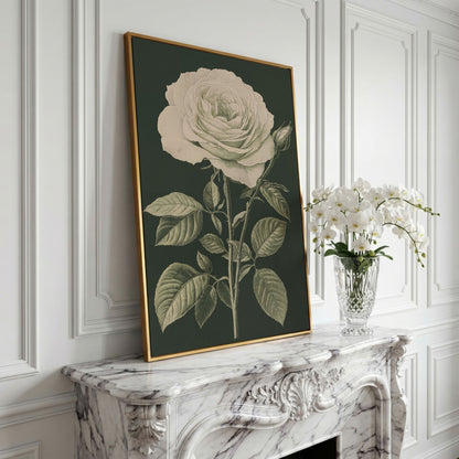 White Rose Botanical Canvas Print in yellow gold floating frame