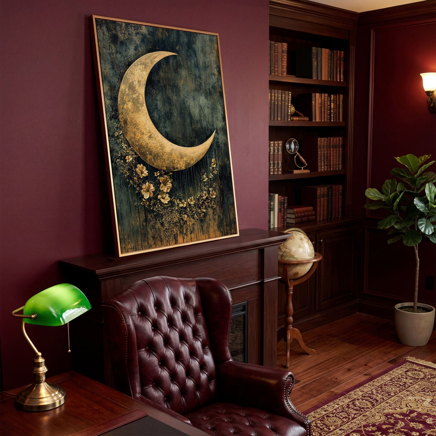 Golden Crescent Moon with Flowers Canvas Wall Art in antique gold floating frame
