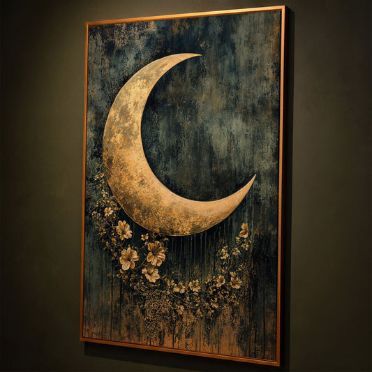 Golden Crescent Moon with Flowers Canvas Wall Art shown in antique gold floating frame