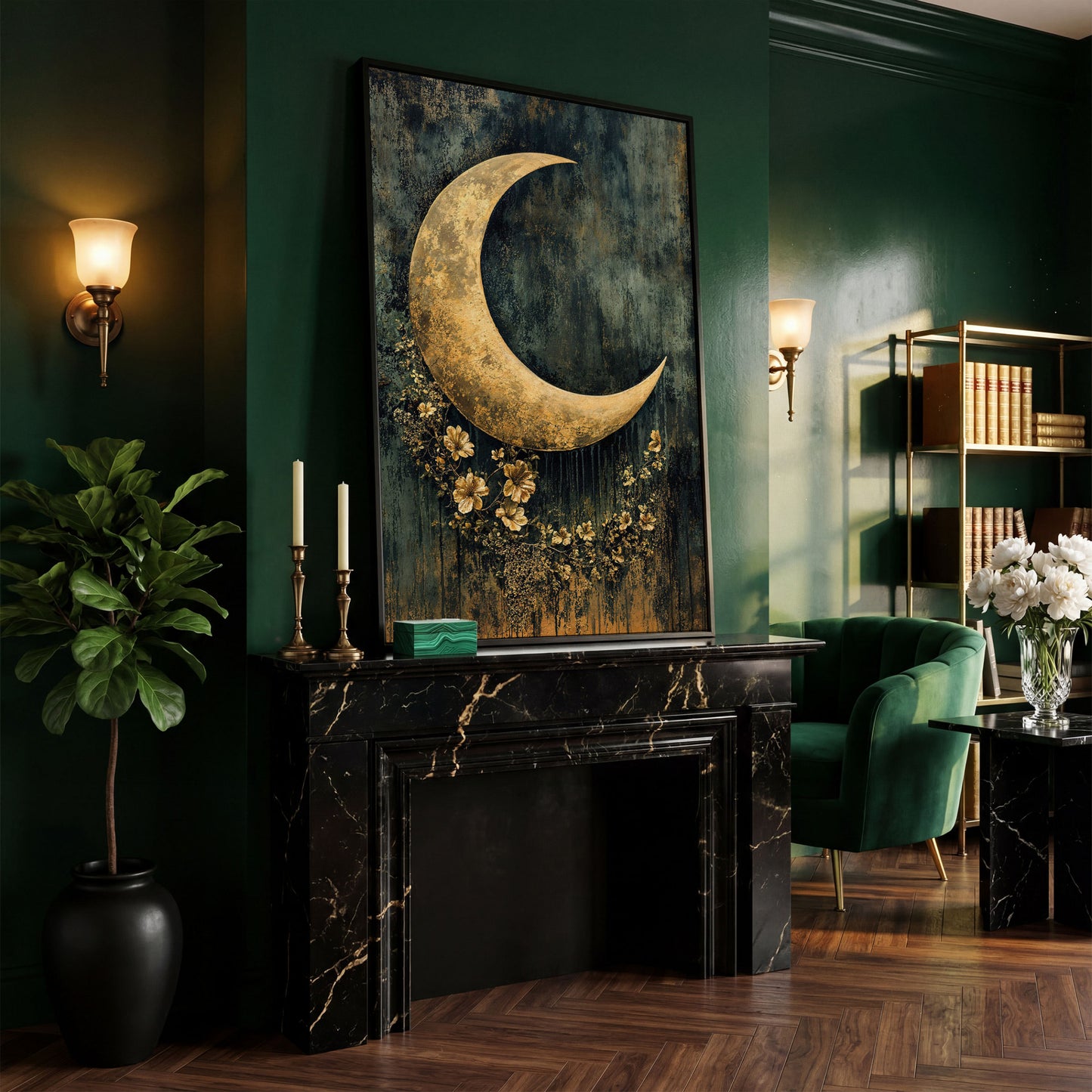 Golden Crescent Moon with Flowers Canvas Wall Art in black floating frame