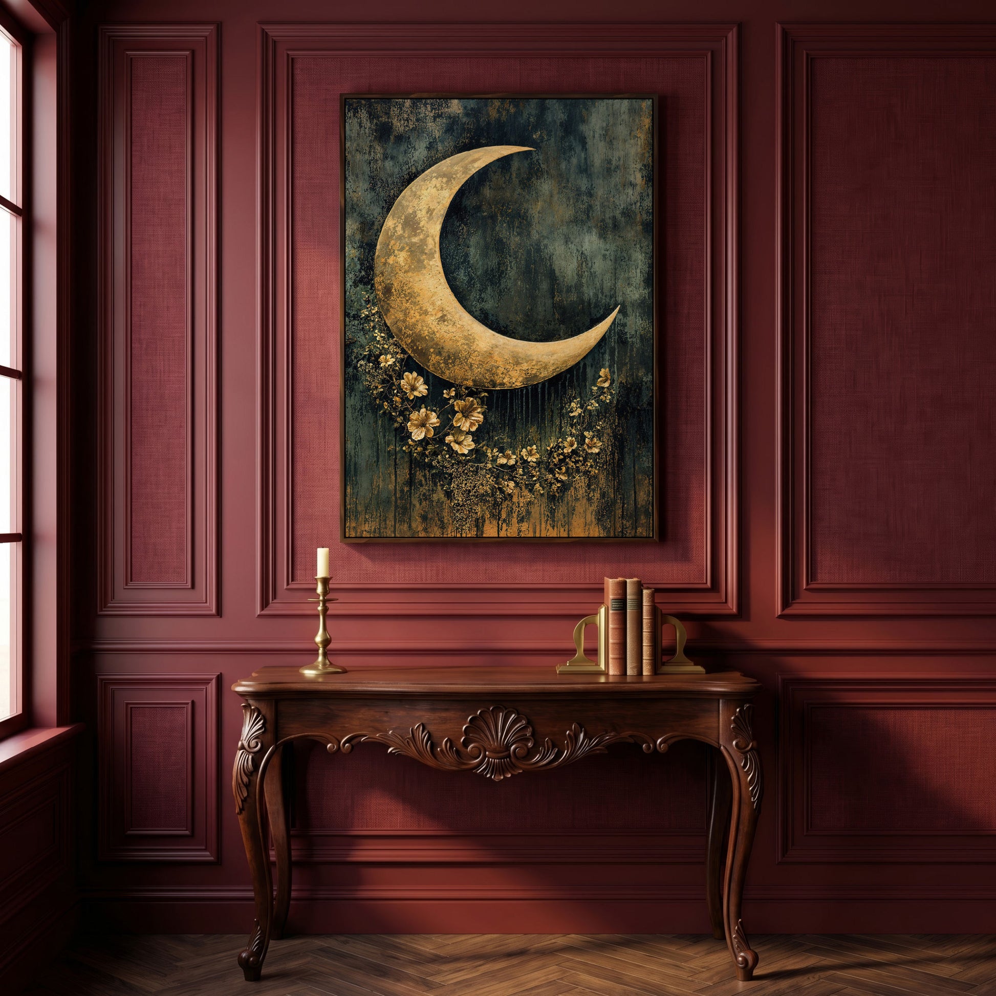 Golden Crescent Moon with Flowers Canvas Wall Art in dark walnut floating frame