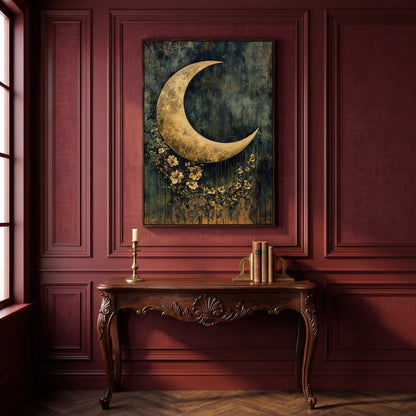 Golden Crescent Moon with Flowers Canvas Wall Art in dark walnut floating frame