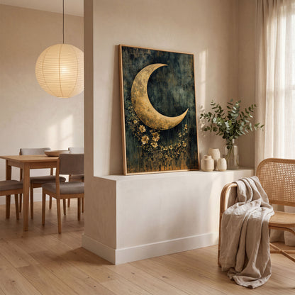 Golden Crescent Moon with Flowers Canvas Wall Art in white oak floating frame