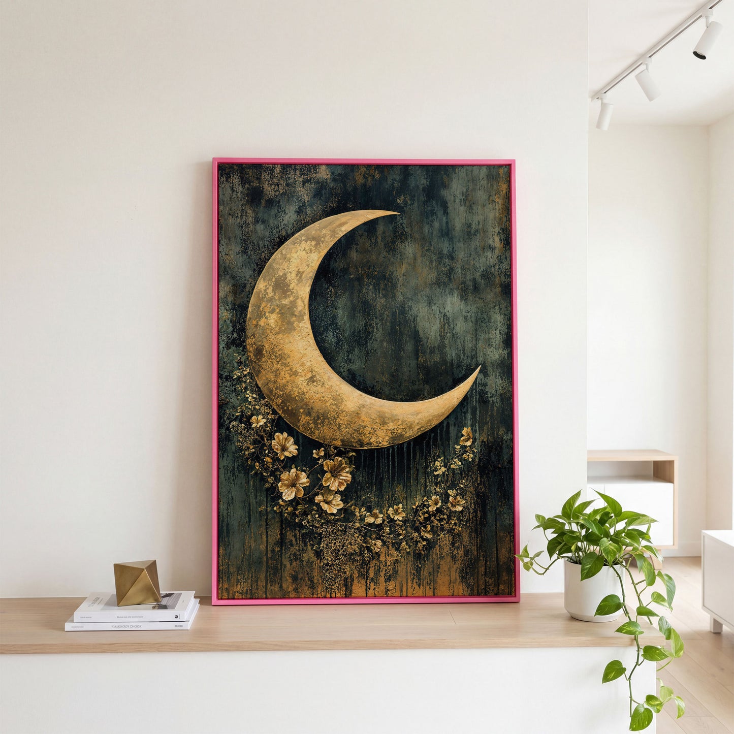 Golden Crescent Moon with Flowers Canvas Wall Art in pink floating frame