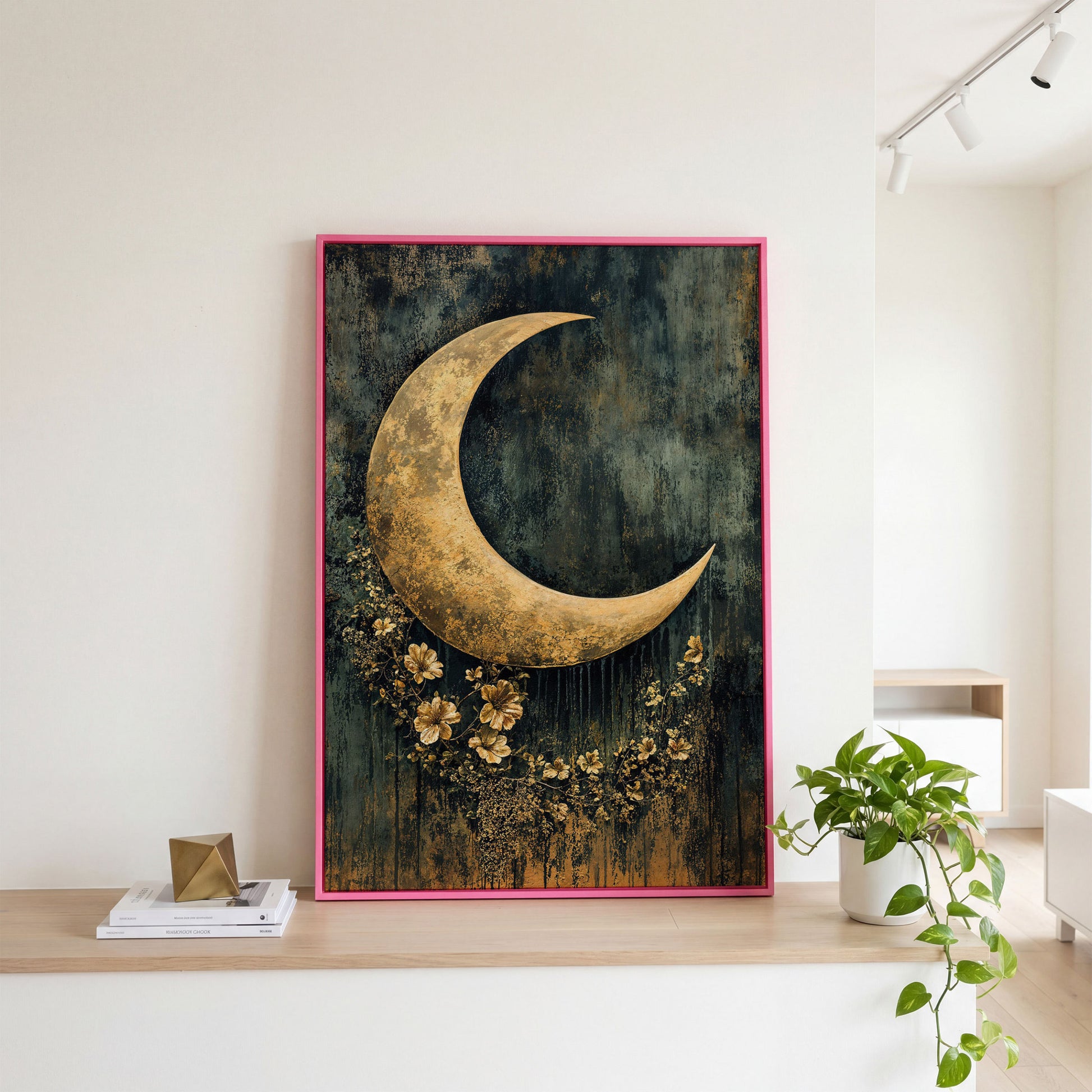 Golden Crescent Moon with Flowers Canvas Wall Art in pink floating frame