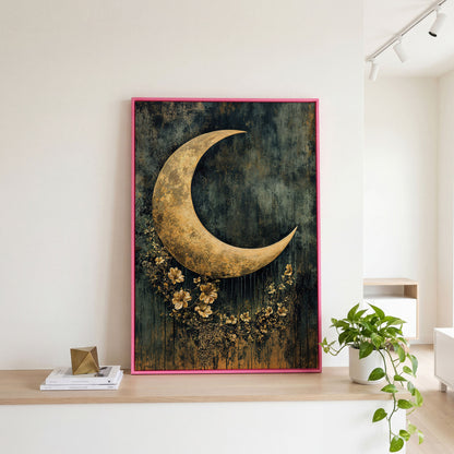 Golden Crescent Moon with Flowers Canvas Wall Art in pink floating frame