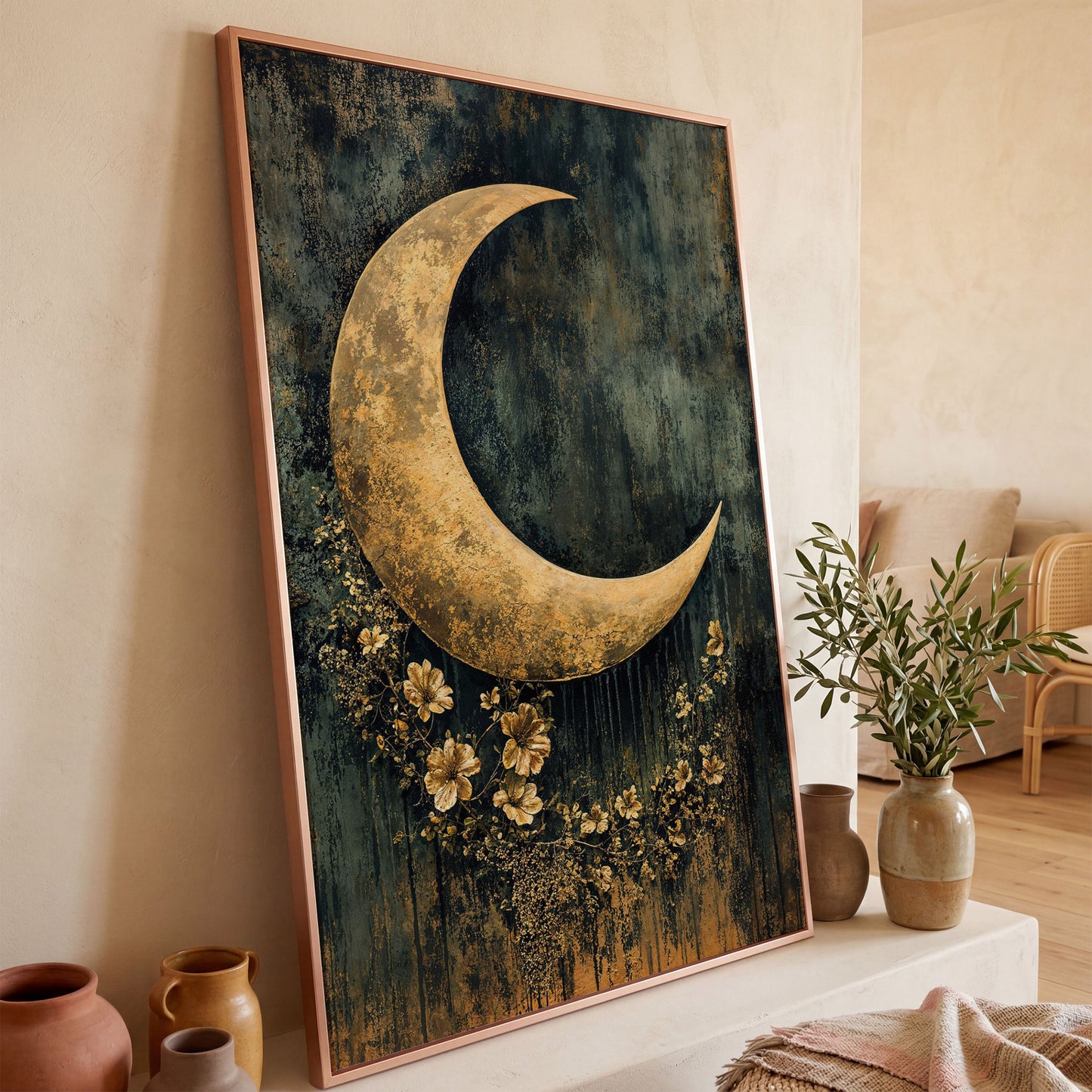 Golden Crescent Moon with Flowers Canvas Wall Art in rose gold floating frame