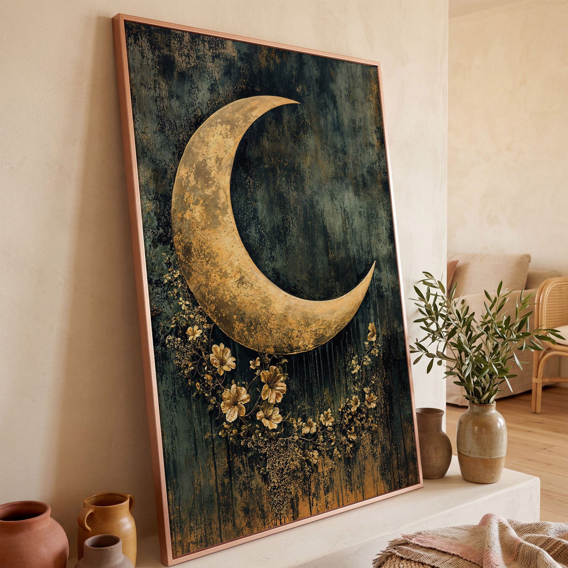 Golden Crescent Moon with Flowers Canvas Wall Art in rose gold floating frame