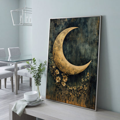 Golden Crescent Moon with Flowers Canvas Wall Art in silver floating frame