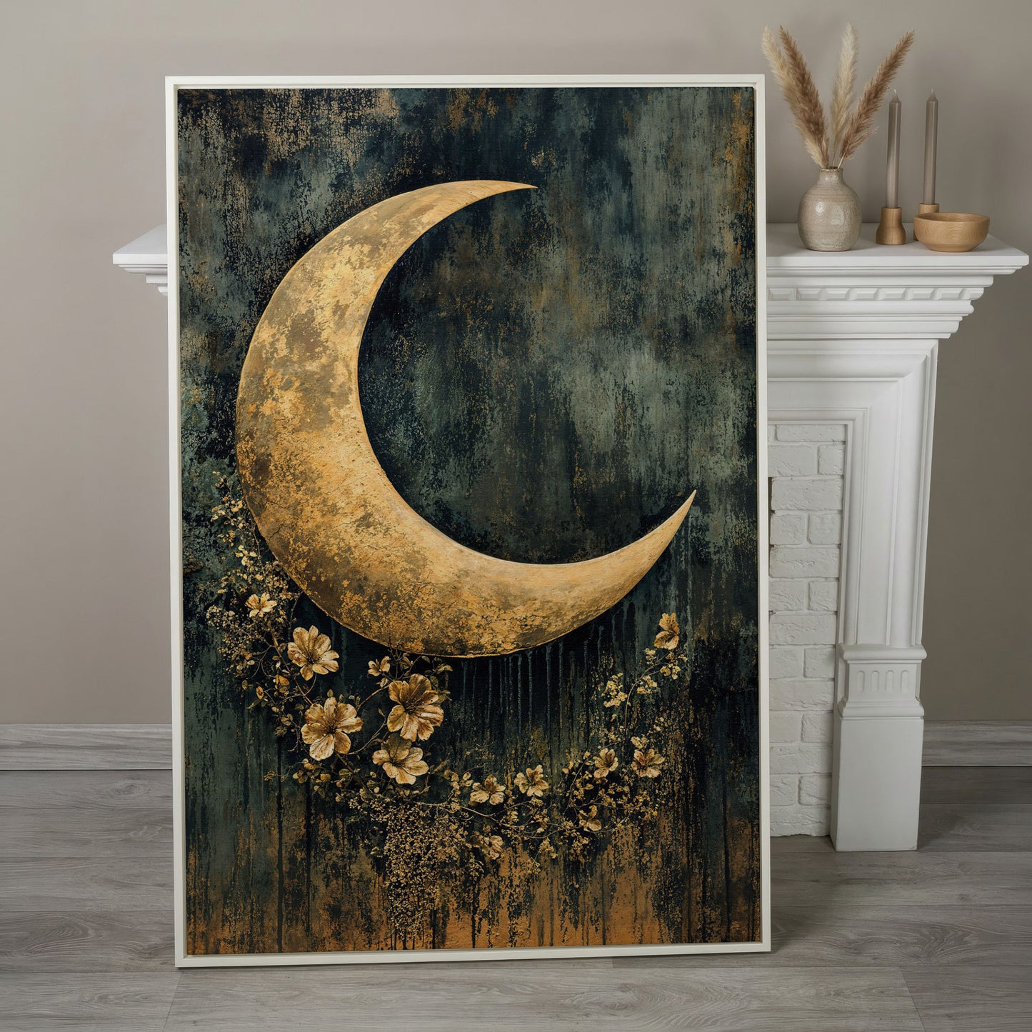 Golden Crescent Moon with Flowers Canvas Wall Art in white floating frame