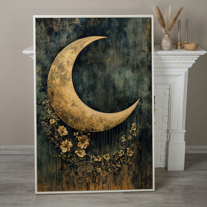 Golden Crescent Moon with Flowers Canvas Wall Art in white floating frame