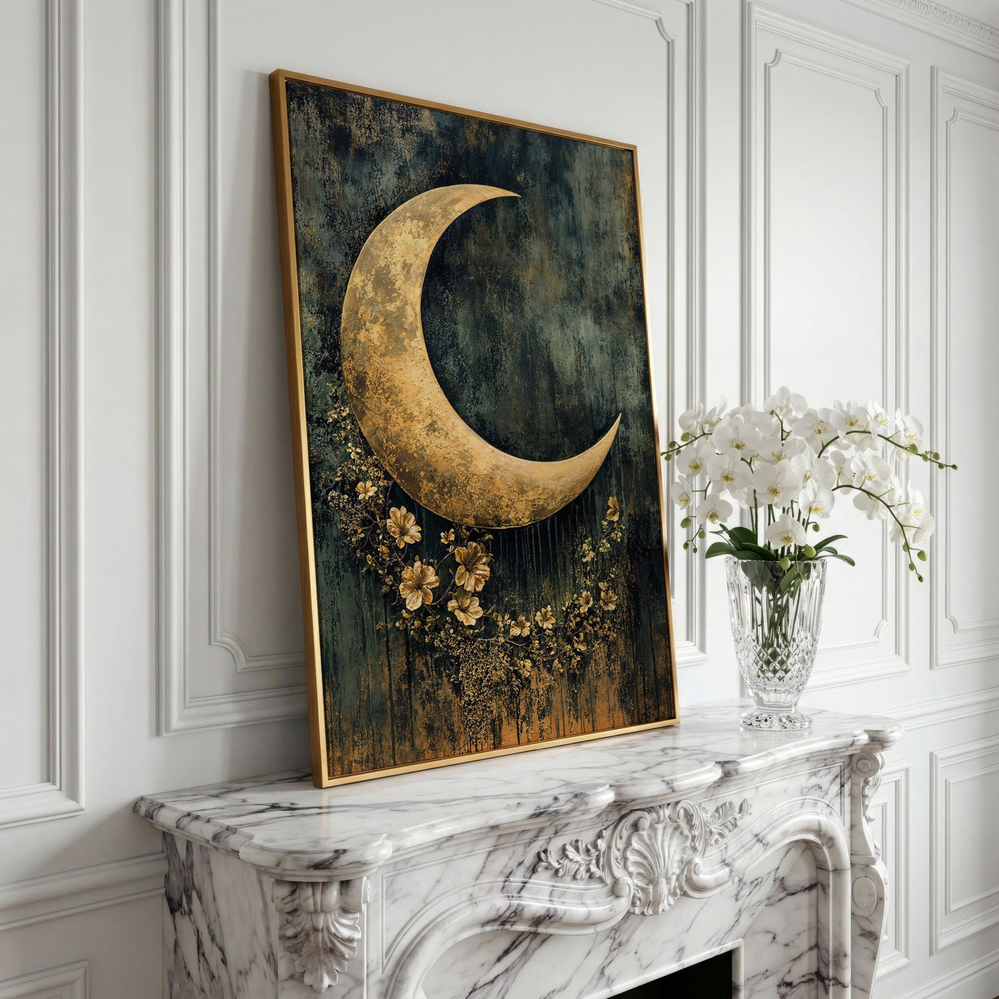 Golden Crescent Moon with Flowers Canvas Wall Art in yellow gold floating frame