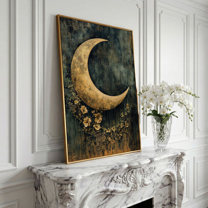 Golden Crescent Moon with Flowers Canvas Wall Art in yellow gold floating frame