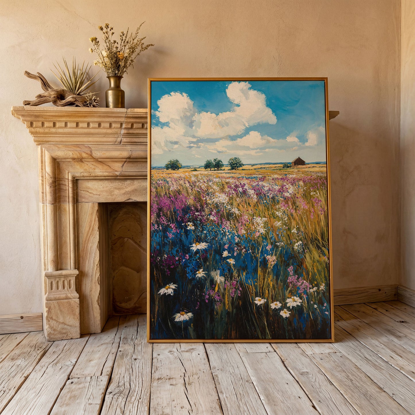 Summer Blooming Meadow Canvas Landscape in antique gold floating frame