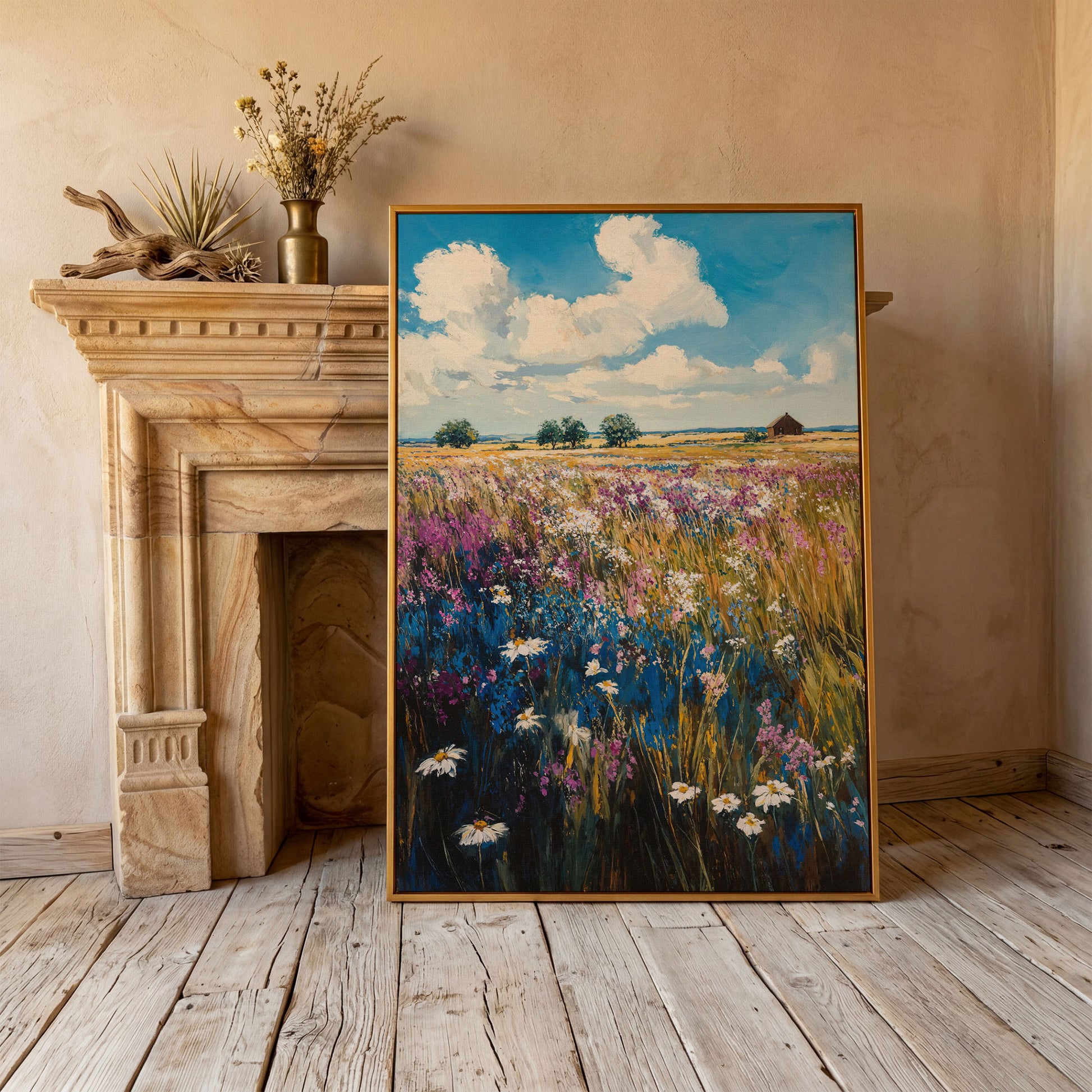 Summer Blooming Meadow Canvas Landscape in antique gold floating frame