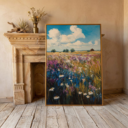 Summer Blooming Meadow Canvas Landscape in antique gold floating frame