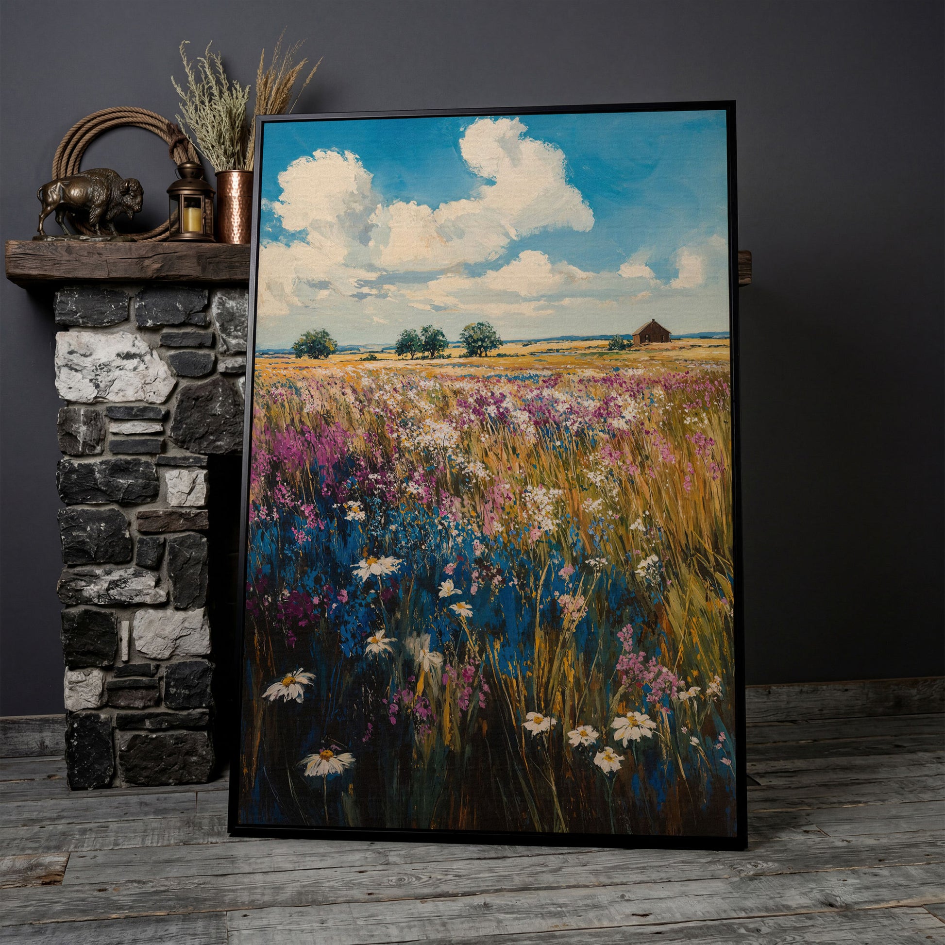 Summer Blooming Meadow Canvas Landscape in black floating frame