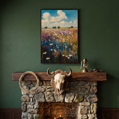 Summer Blooming Meadow Canvas Landscape in dark walnut floating frame