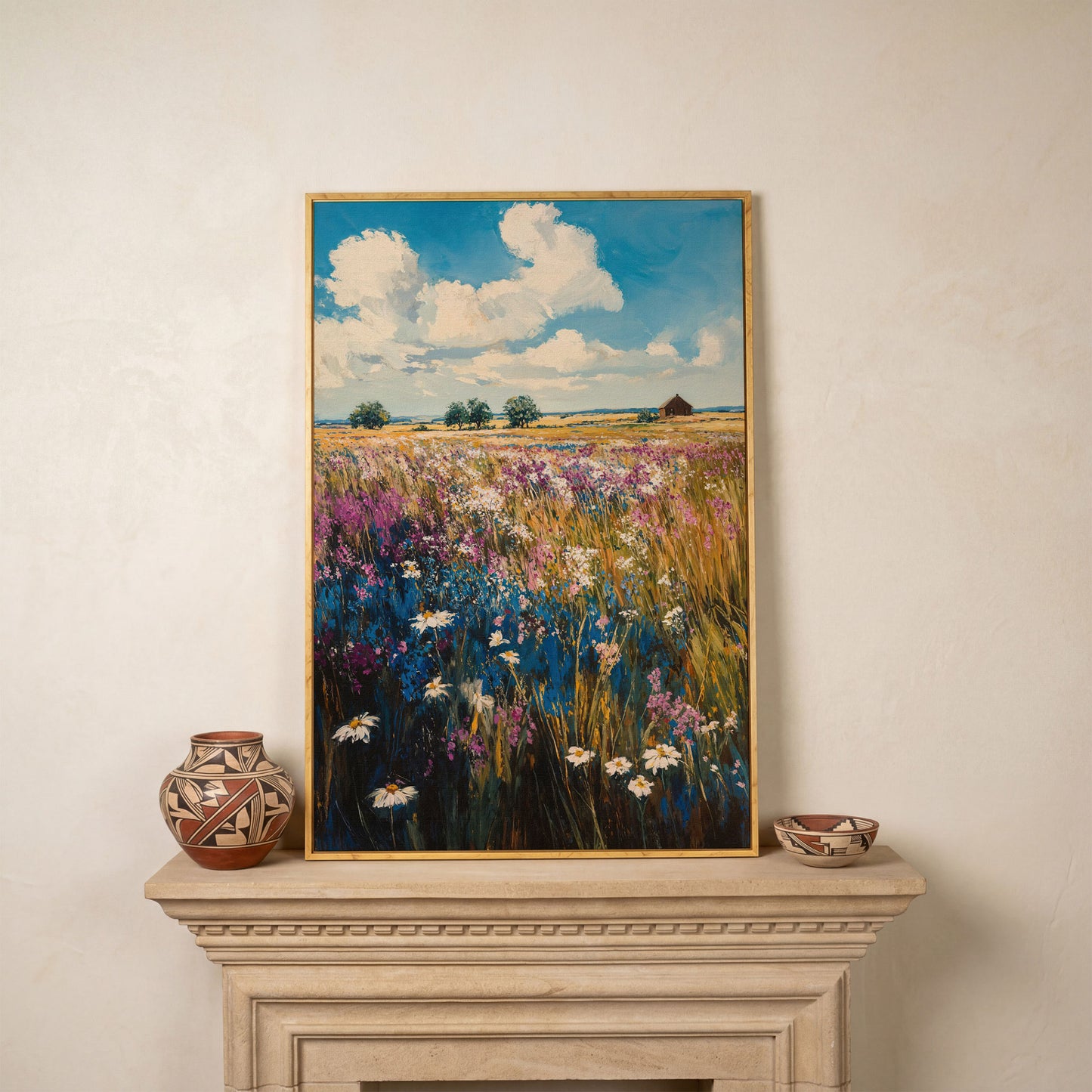 Summer Blooming Meadow Canvas Landscape in white oak floating frame