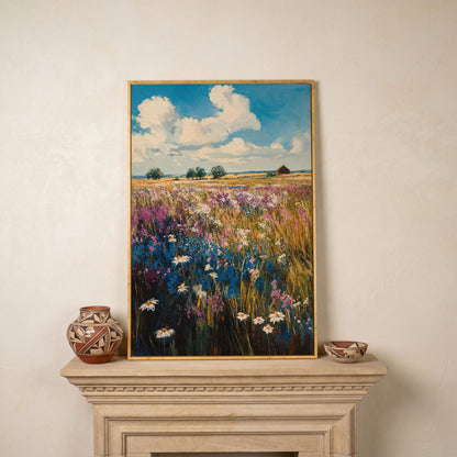 Summer Blooming Meadow Canvas Landscape in white oak floating frame